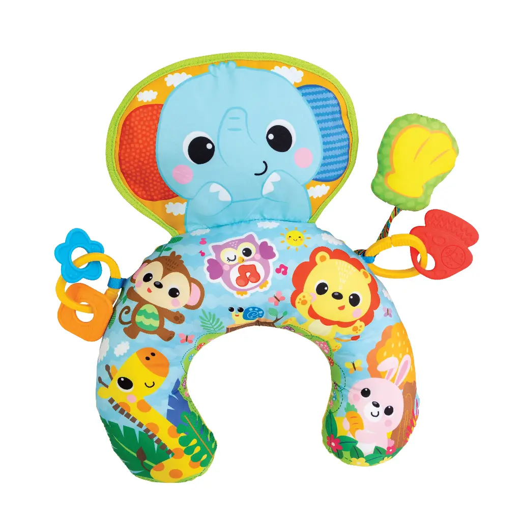 WINFUN Jungle Fun Tummy Time Kussen joue des mélodies joyeuses avec un hochet et un anneau de dentition sans danger pour les bébés.