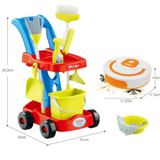 [HJ611] Chariot de ménage, aspirateur robot et set de nettoyage de simulation