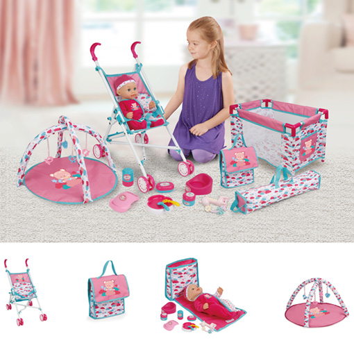 [89866] 15-in-1 Poppenset met pop, kinderwagen en accessoires
